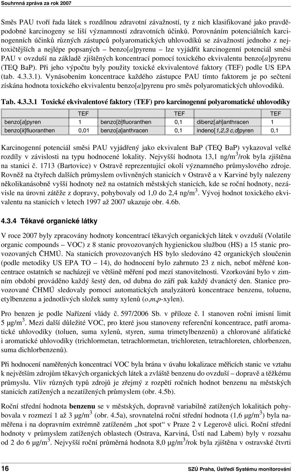 potenciál směsi PAU v ovzduší na základě zjištěných koncentrací pomocí toxického ekvivalentu benzo[a]pyrenu (TEQ BaP).