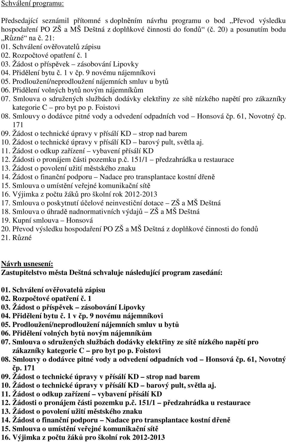 Prodloužení/neprodloužení nájemních smluv u bytů 06. Přidělení volných bytů novým nájemníkům 07.