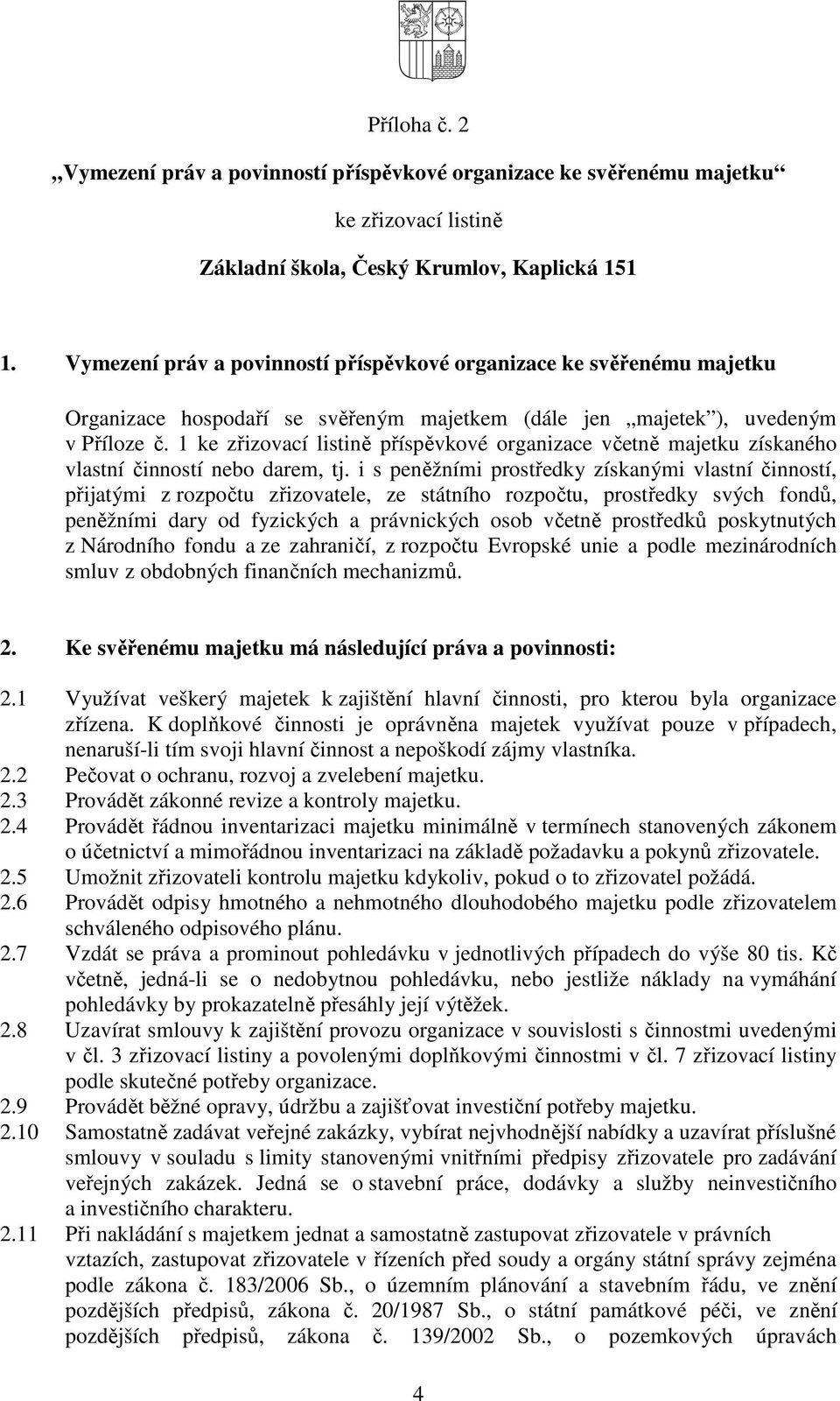 1 ke zřizovací listině příspěvkové organizace včetně majetku získaného vlastní činností nebo darem, tj.