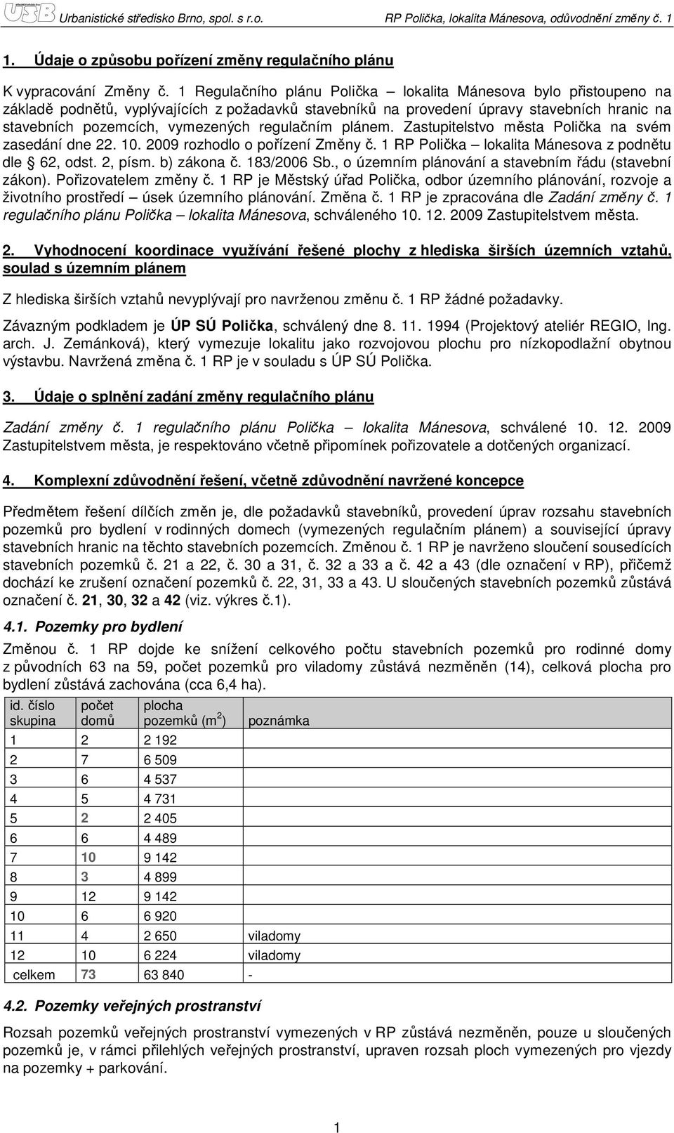 regulačním plánem. Zastupitelstvo města Polička na svém zasedání dne 22. 10. 2009 rozhodlo o pořízení Změny č. 1 RP Polička lokalita Mánesova z podnětu dle 62, odst. 2, písm. b) zákona č. 183/2006 Sb.