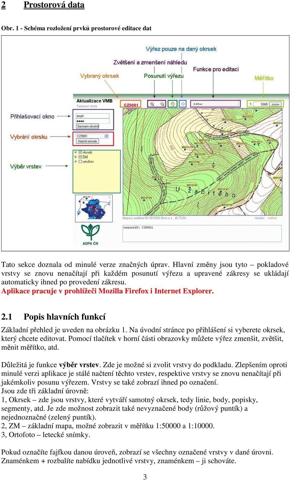 Aplikace pracuje v prohlížeči Mozilla Firefox i Internet Explorer. 2.1 Popis hlavních funkcí Základní přehled je uveden na obrázku 1.