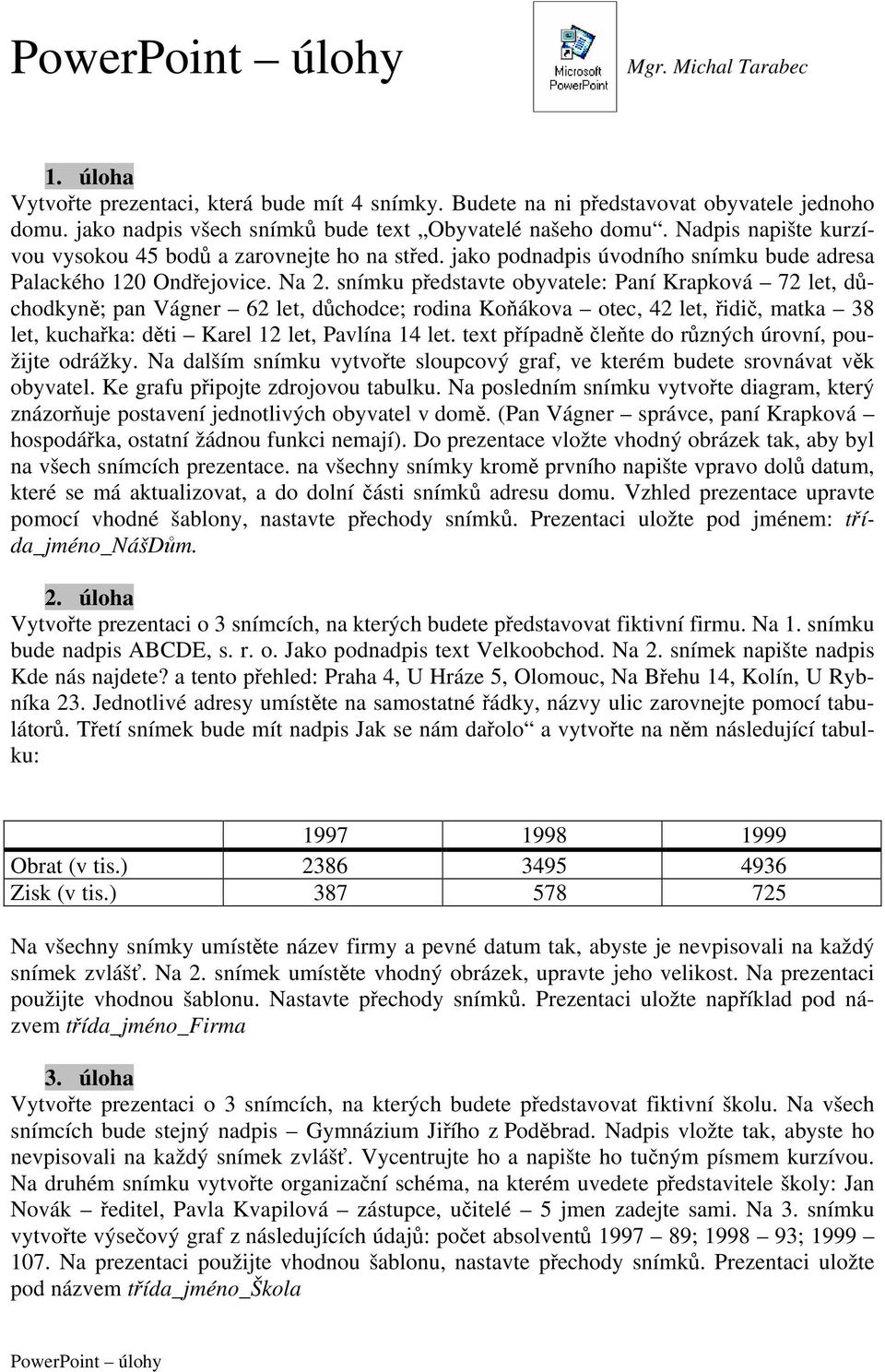 snímku představte obyvatele: Paní Krapková 72 let, důchodkyně; pan Vágner 62 let, důchodce; rodina Koňákova otec, 42 let, řidič, matka 38 let, kuchařka: děti Karel 12 let, Pavlína 14 let.