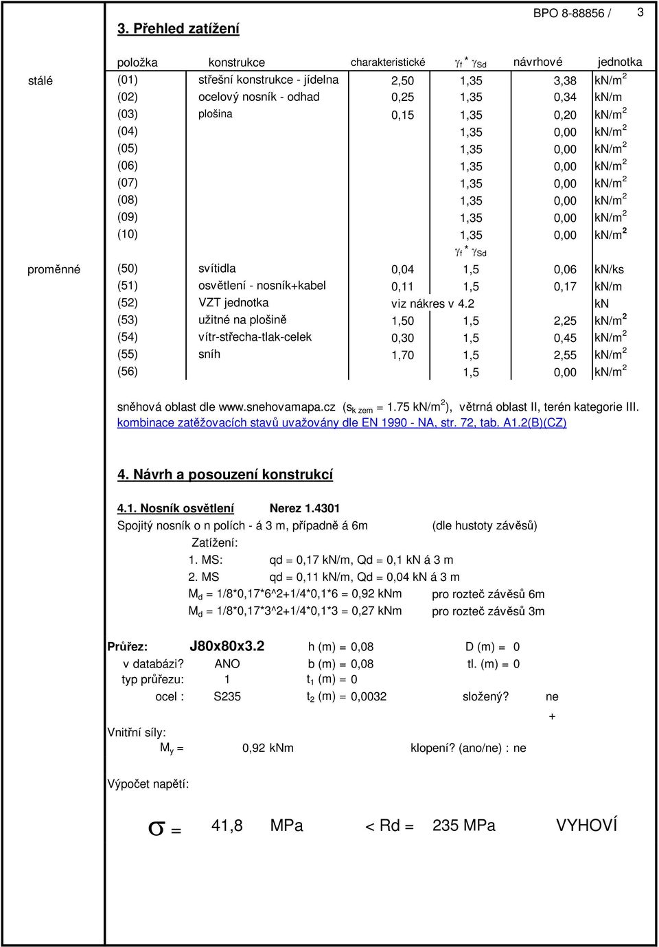 kn/m 2 γ f * γ Sd proměnné (50) svítidla 0,04 1,5 0,06 kn/ks (51) osvětlení - nosníkkabel 0,11 1,5 0,17 kn/m (52) VZT jednotka viz nákres v 4.