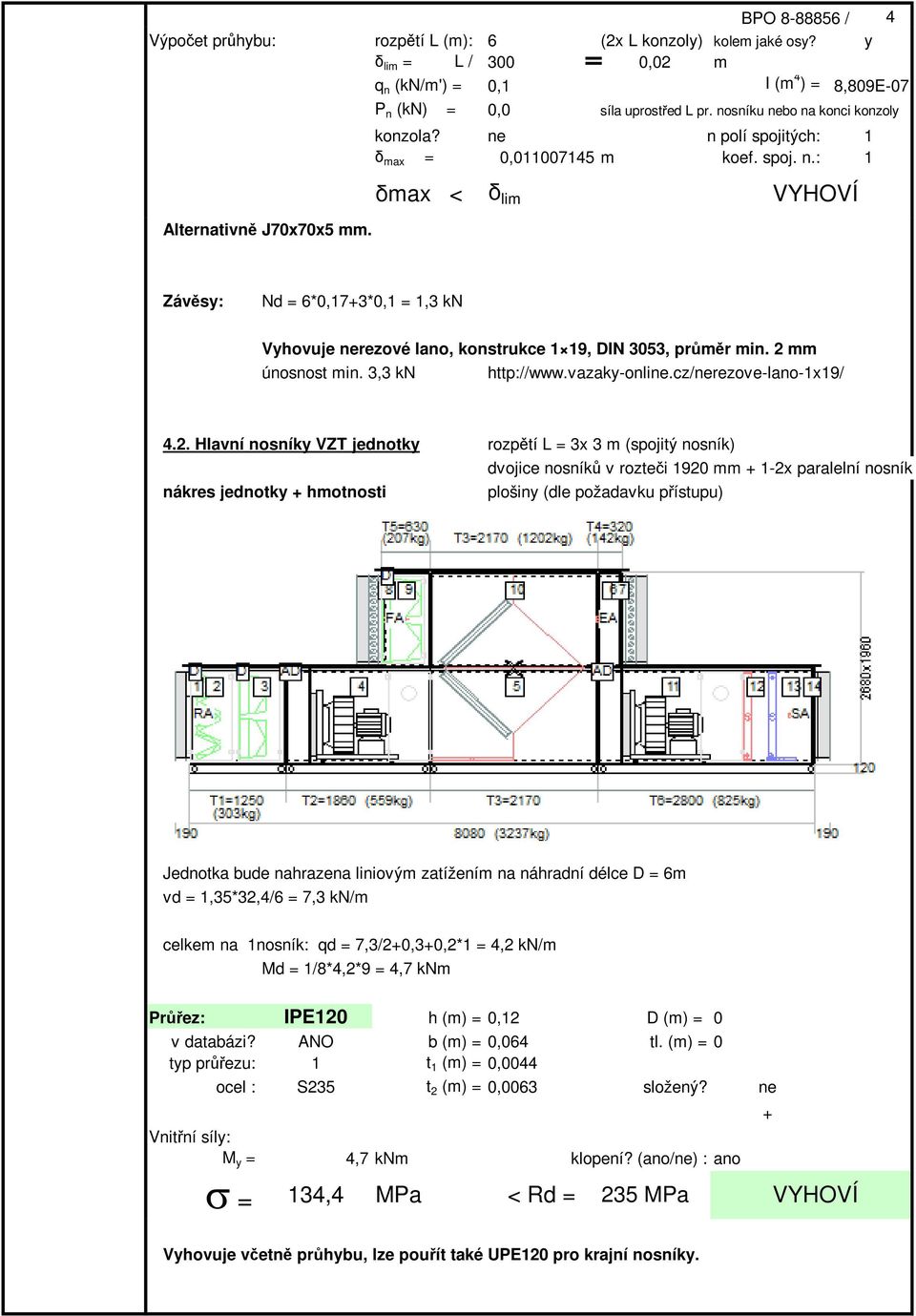 2 mm únosnost min. 3,3 kn http://www.vazaky-online.cz/nerezove-lano-1x19/ 4.2. Hlavní nosníky VZT jednotky rozpětí L = 3x 3 m (spojitý nosník) dvojice nosníků v rozteči 1920 mm 1-2x paralelní nosník