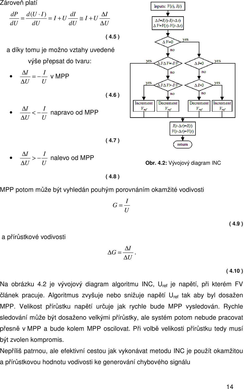 2 je vývojový diagram algoritmu INC, U ref je napětí, při kterém FV článek pracuje. Algoritmus zvyšuje nebo snižuje napětí U ref tak aby byl dosažen MPP.