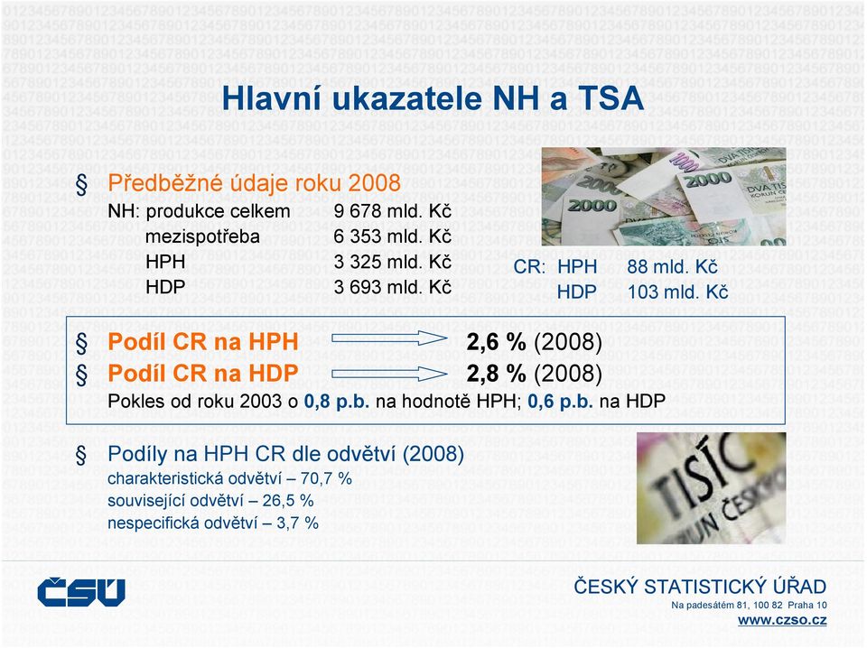 Kč Podíl CR na HPH 2,6 % (2008) Podíl CR na HDP 2,8 % (2008) Pokles od roku 2003 o 0,8 p.b.