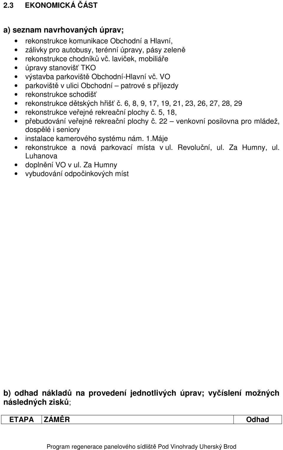 6, 8, 9, 17, 19, 21, 23, 26, 27, 28, 29 rekonstrukce veřejné rekreační plochy č. 5, 18, přebudování veřejné rekreační plochy č.