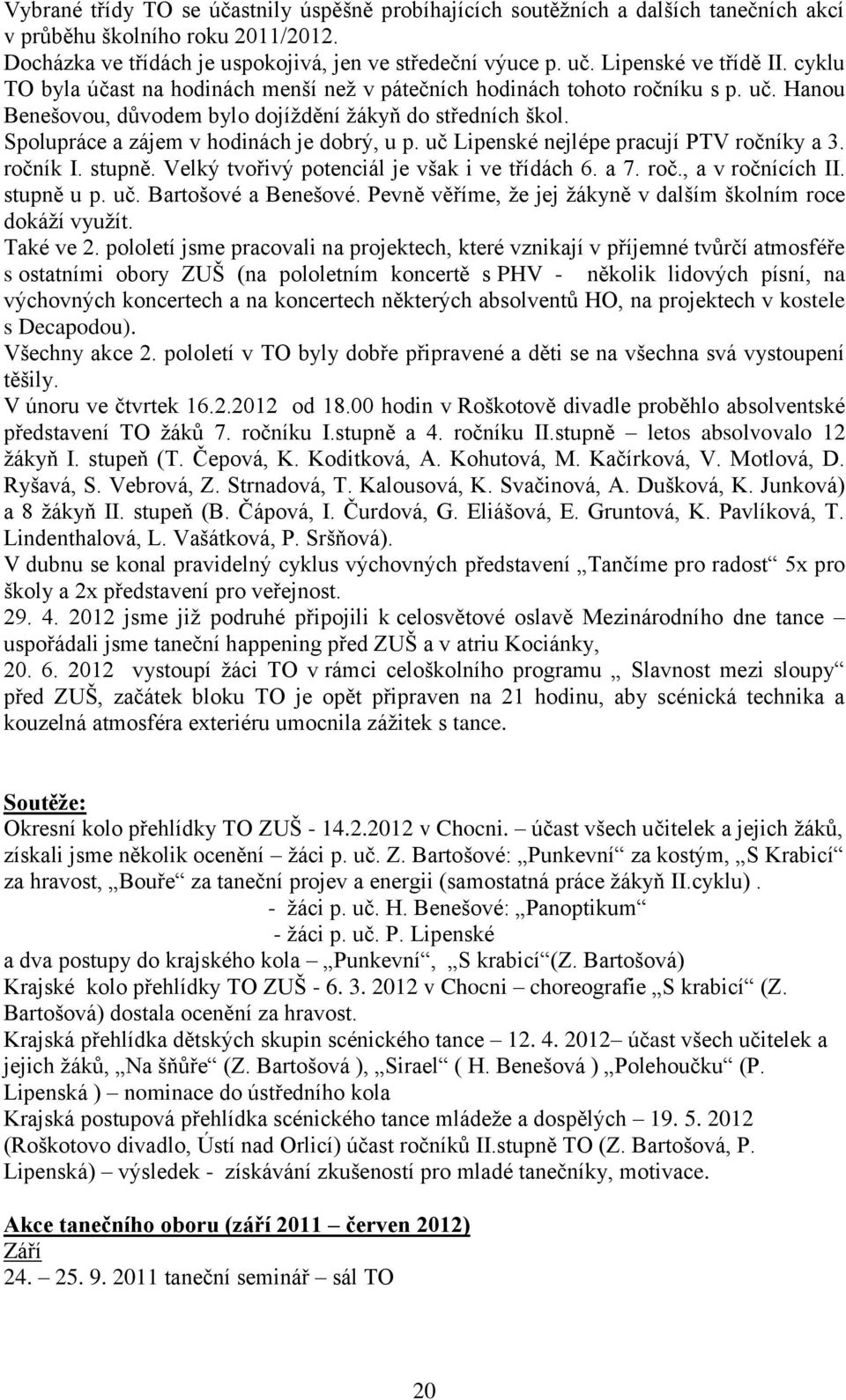 Spolupráce a zájem v hodinách je dobrý, u p. uč Lipenské nejlépe pracují PTV ročníky a 3. ročník I. stupně. Velký tvořivý potenciál je však i ve třídách 6. a 7. roč., a v ročnících II. stupně u p. uč. Bartošové a Benešové.