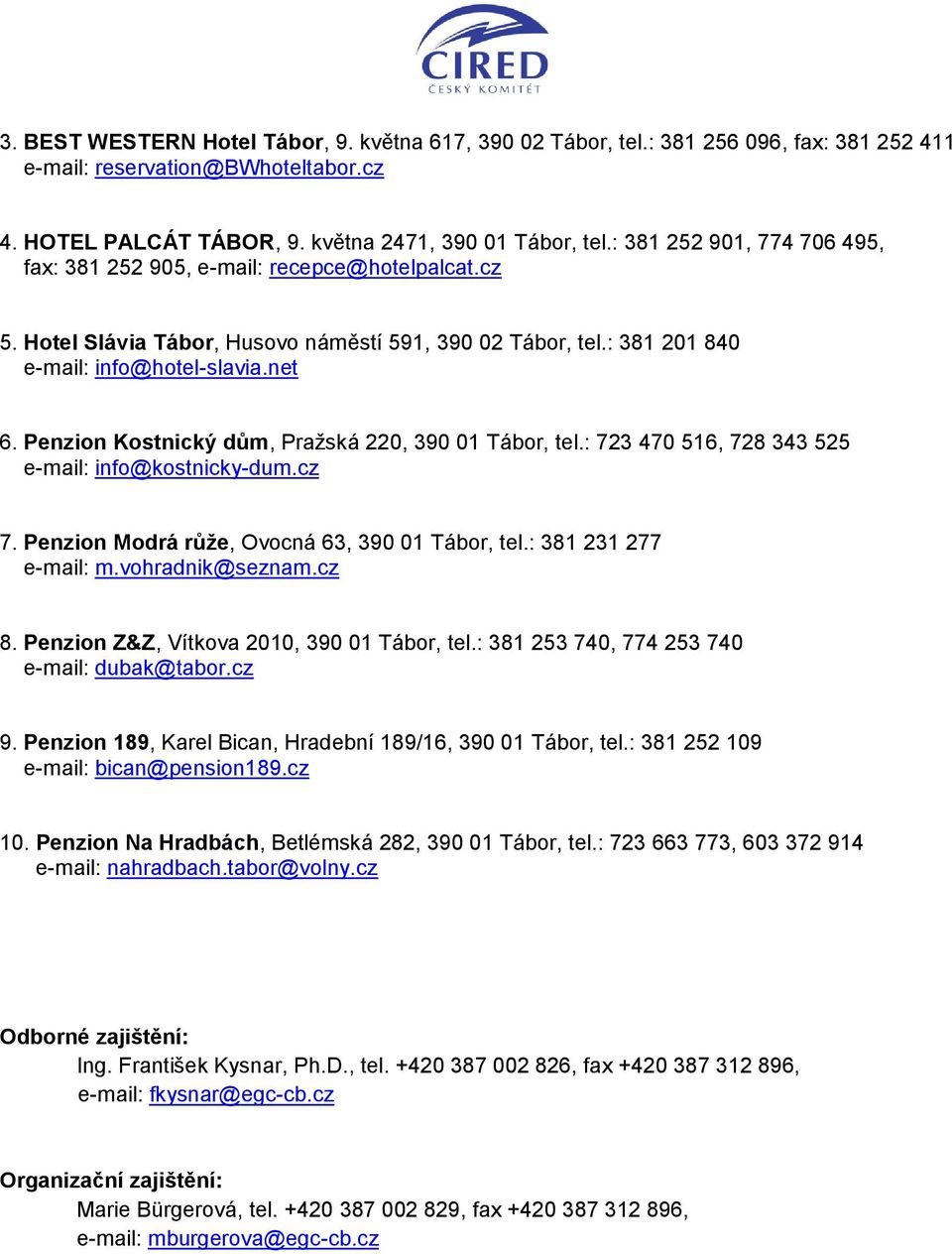 Penzion Kostnický dům, Pražská 220, 390 01 Tábor, tel.: 723 470 516, 728 343 525 e-mail: info@kostnicky-dum.cz 7. Penzion Modrá růže, Ovocná 63, 390 01 Tábor, tel.: 381 231 277 e-mail: m.