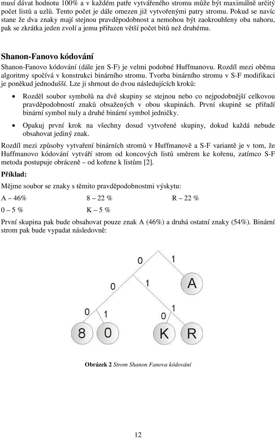 Shanon-Fanovo kódování Shanon-Fanovo kódování (dále jen S-F) je velmi podobné Huffmanovu. Rozdíl mezi oběma algoritmy spočívá v konstrukci binárního stromu.