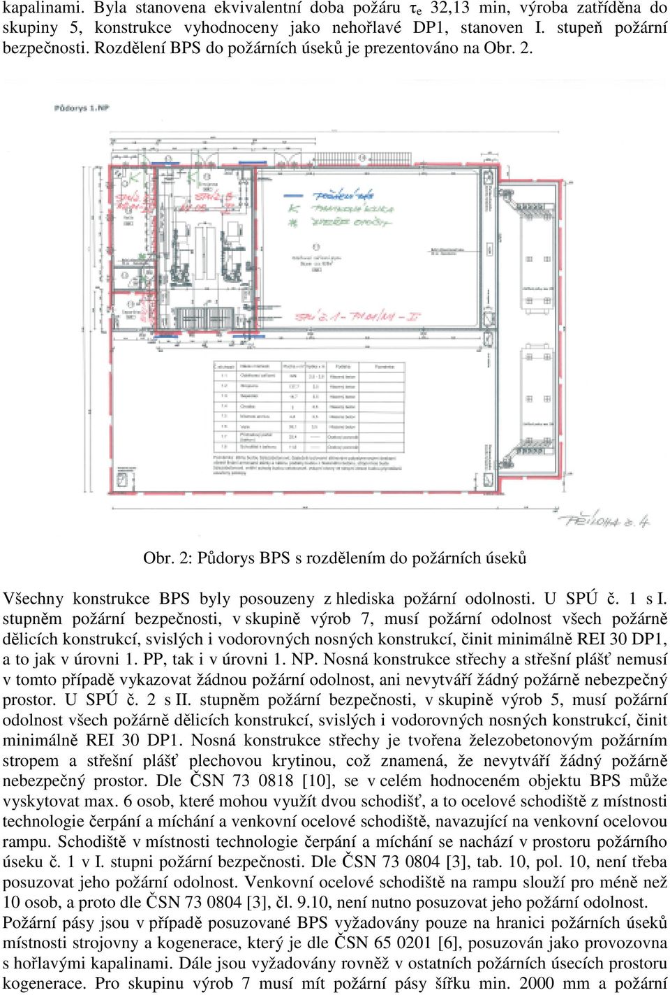 stupněm požární bezpečnosti, v skupině výrob 7, musí požární odolnost všech požárně dělicích konstrukcí, svislých i vodorovných nosných konstrukcí, činit minimálně REI 30 DP1, a to jak v úrovni 1.