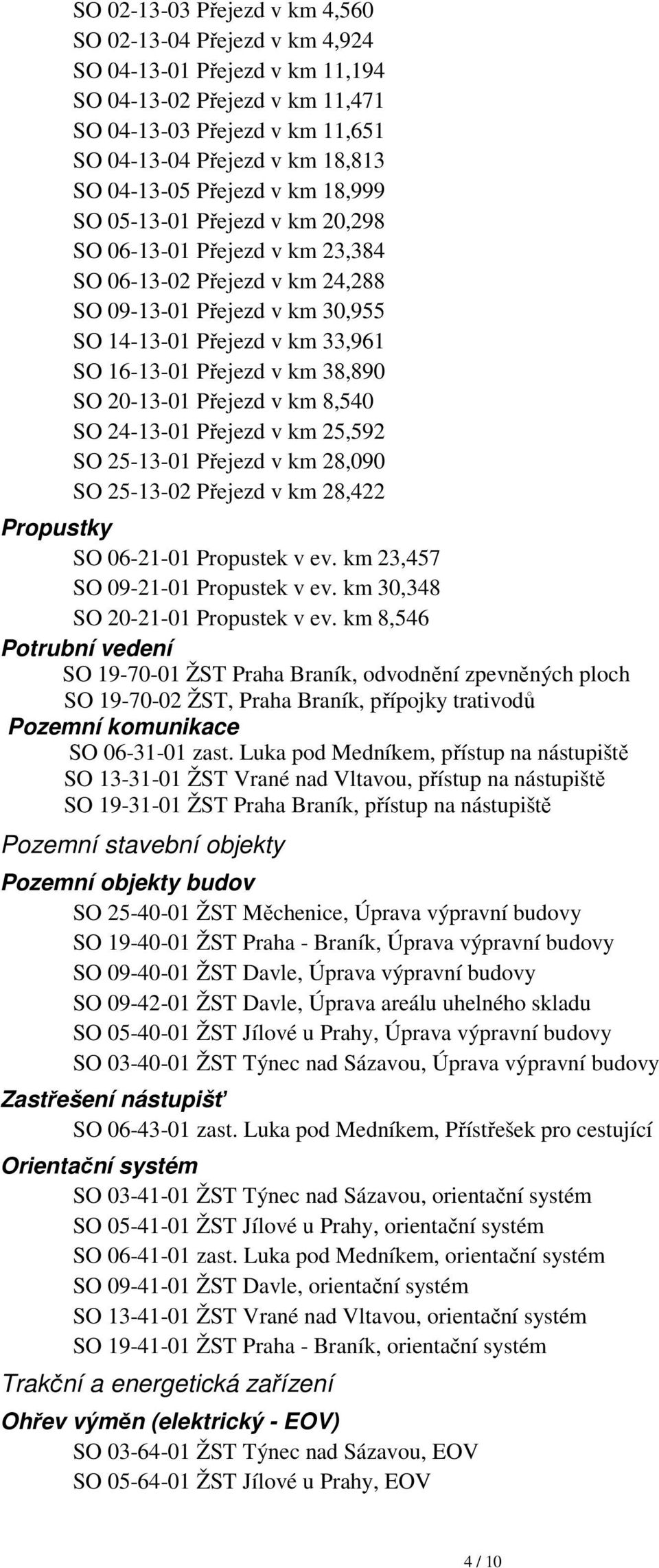 16-13-01 Přejezd v km 38,890 SO 20-13-01 Přejezd v km 8,540 SO 24-13-01 Přejezd v km 25,592 SO 25-13-01 Přejezd v km 28,090 SO 25-13-02 Přejezd v km 28,422 Propustky SO 06-21-01 Propustek v ev.