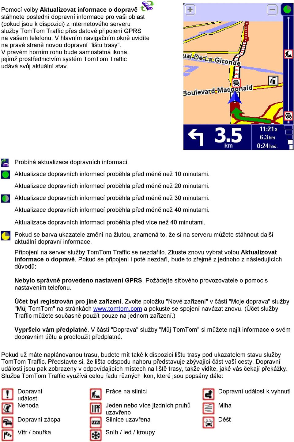 V pravém horním rohu bude samostatná ikona, jejímž prostřednictvím systém TomTom Traffic udává svůj aktuální stav. Probíhá aktualizace dopravních informací.