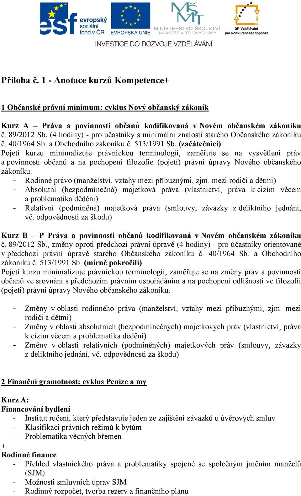 (začátečníci) Pojetí kurzu minimalizuje právnickou terminologii, zaměřuje se na vysvětlení práv a povinností občanů a na pochopení filozofie (pojetí) právní úpravy Nového občanského zákoníku.