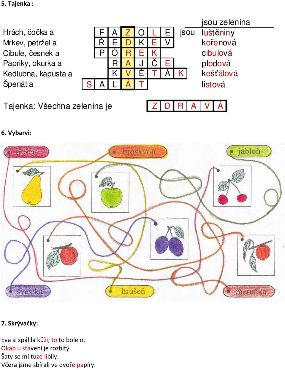 košťálová Špenát a S A L Á T listová Tajenka: Všechna zelenina je Z D R A V Á 6. Vybarvi: 7.