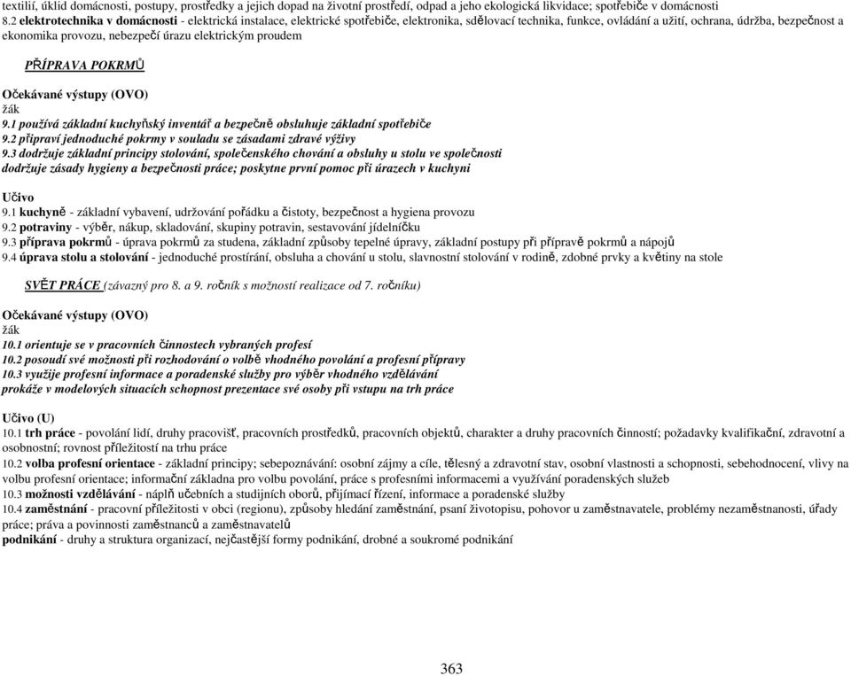 úrazu elektrickým proudem PŘÍPRAVA POKRMŮ Očekávané výstupy (OVO) 9.1 používá základní kuchyňský inventář a bezpečně obsluhuje základní spotřebiče 9.