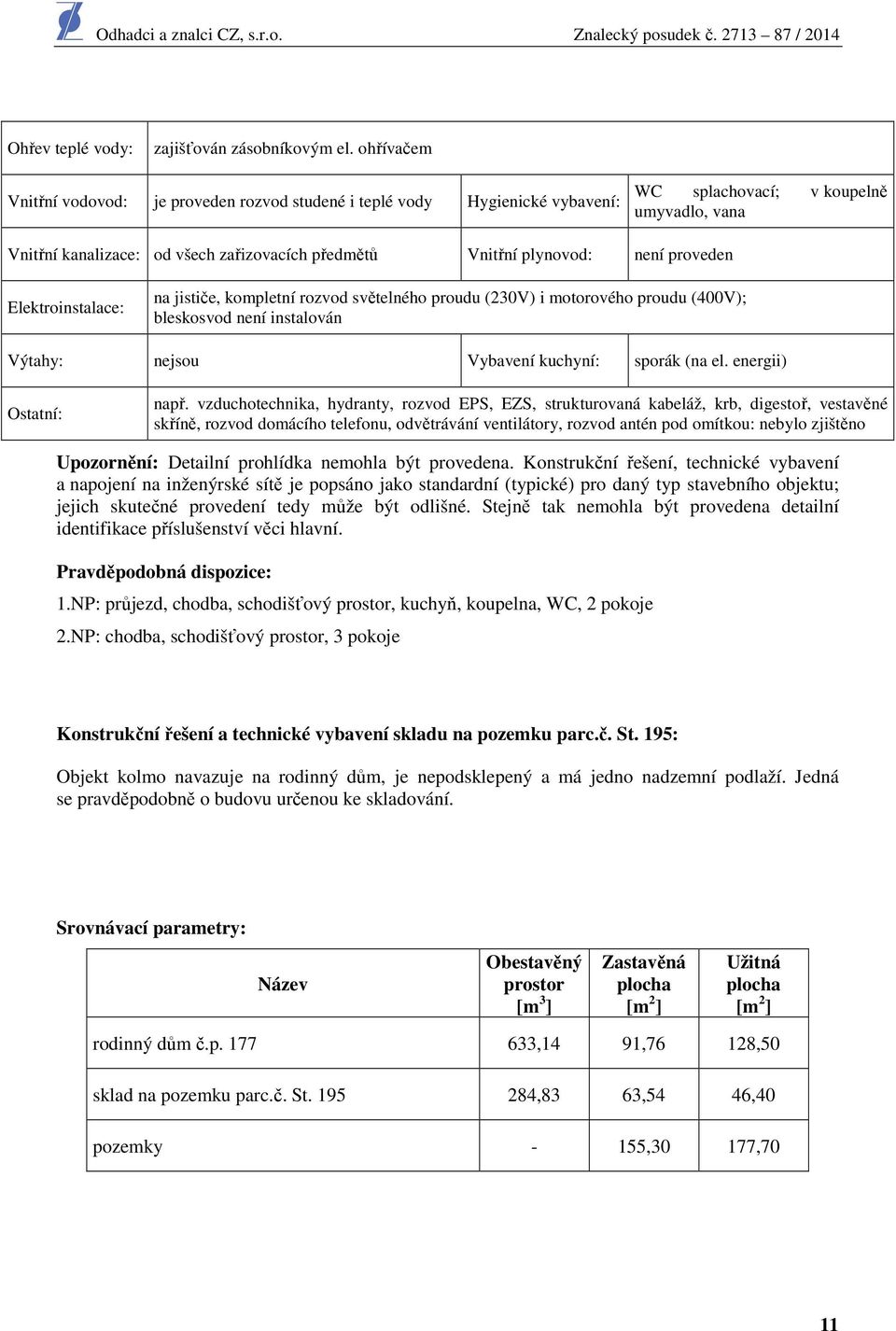 není proveden Elektroinstalace: na jističe, kompletní rozvod světelného proudu (230V) i motorového proudu (400V); bleskosvod není instalován Výtahy: nejsou Vybavení kuchyní: sporák (na el.