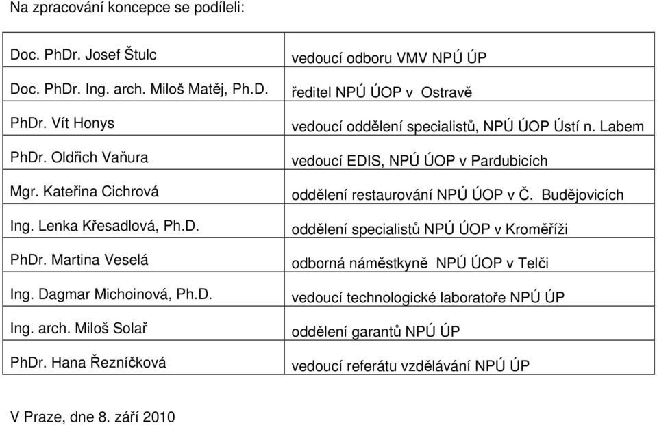 Hana Řezníčková vedoucí odboru VMV NPÚ ÚP ředitel NPÚ ÚOP v Ostravě vedoucí oddělení specialistů, NPÚ ÚOP Ústí n.