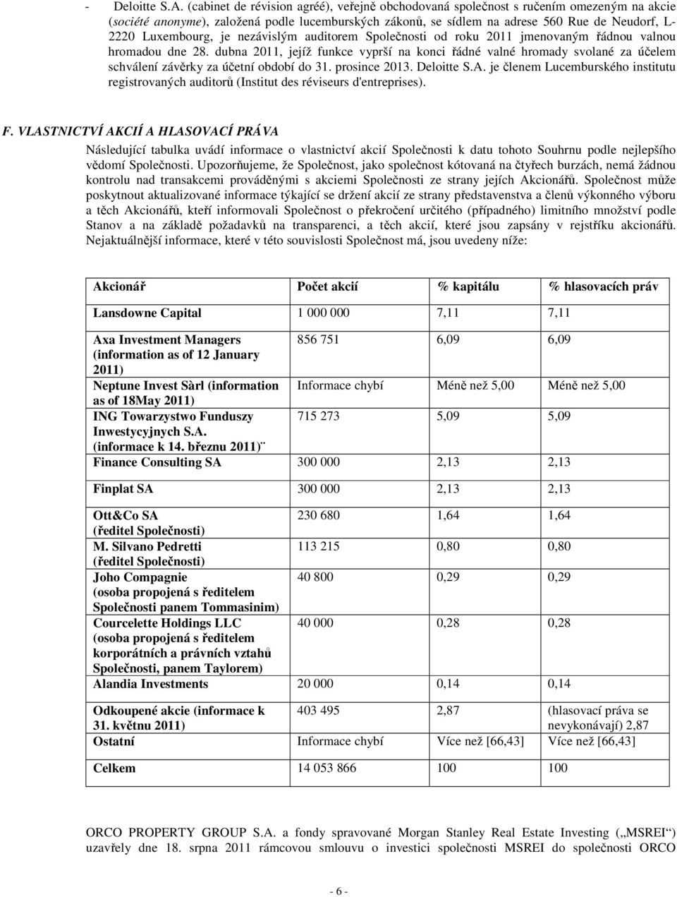 Luxembourg, je nezávislým auditorem Společnosti od roku 2011 jmenovaným řádnou valnou hromadou dne 28.