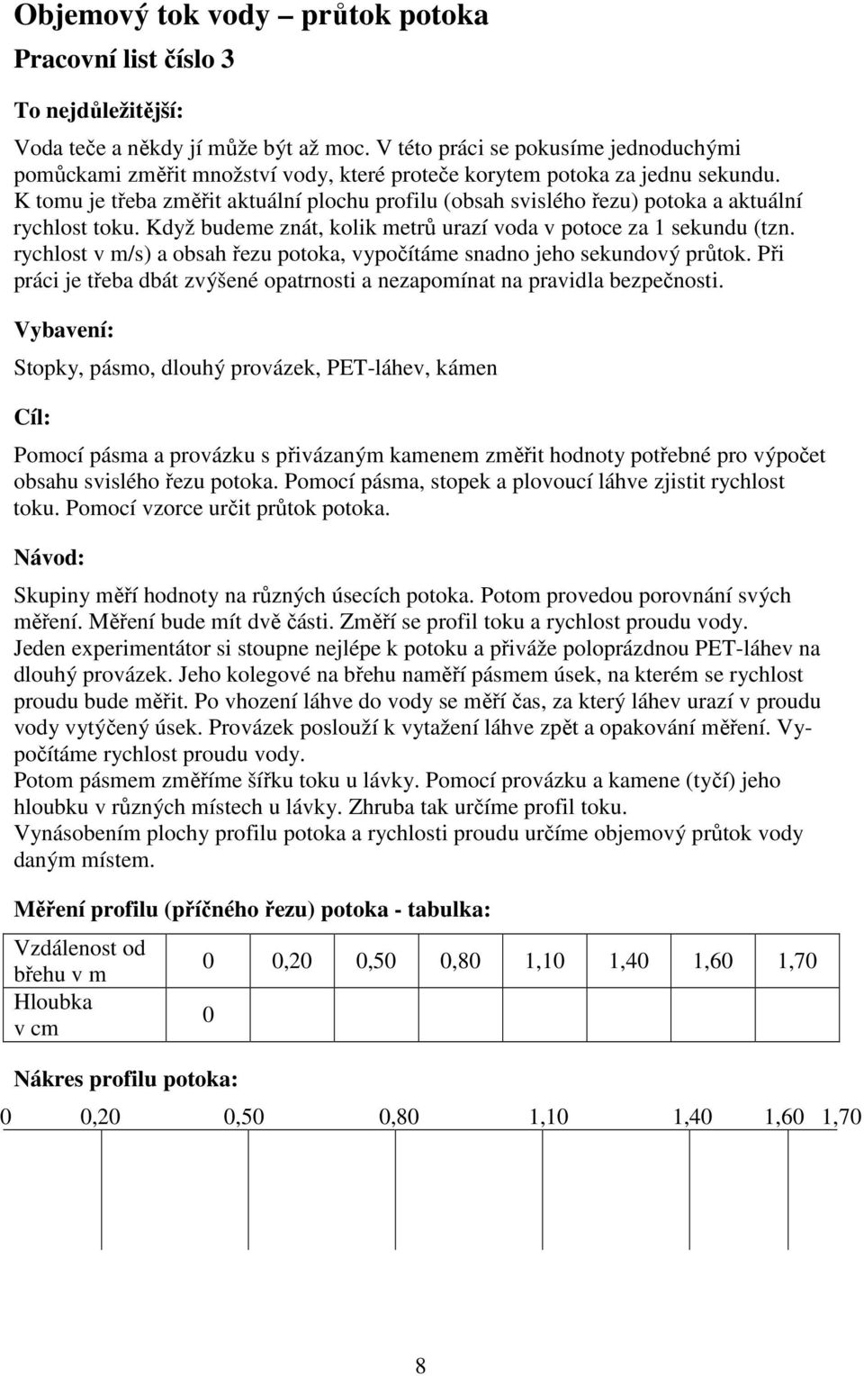 K tomu je třeba změřit aktuální plochu profilu (obsah svislého řezu) potoka a aktuální rychlost toku. Když budeme znát, kolik metrů urazí voda v potoce za 1 sekundu (tzn.