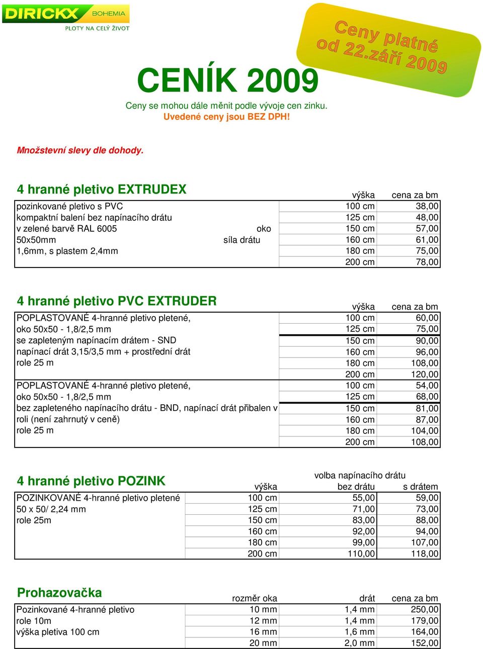 160 cm 61,00 180 cm 75,00 200 cm 78,00 4 hranné pletivo PVC EXTRUDER POPLASTOVANÉ 4-hranné pletivo pletené, oko 50x50-1,8/2,5 mm se zapleteným napínacím drátem - SND napínací drát 3,15/3,5 mm +