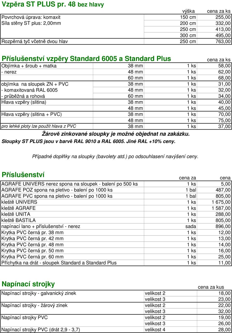 vzpěry Standard 6005 a Standard Plus cena za ks Objímka + šroub + matka 38 mm 1 ks 58,00 - nerez 48 mm 1 ks 62,00 60 mm 1 ks 68,00 objímka na sloupek ZN + PVC 38 mm 1 ks 31,00 - komaxitovaná RAL 6005