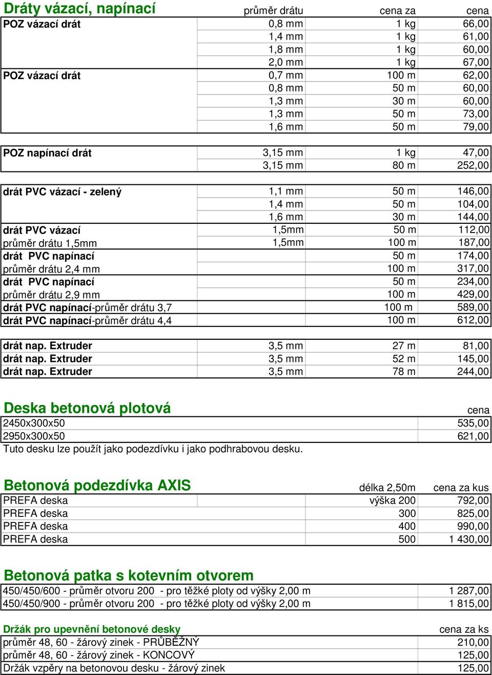 drát PVC napínací průměr drátu 2,4 mm drát PVC napínací 1,6 mm 30 m 144,00 1,5mm 50 m 112,00 1,5mm 100 m 187,00 50 m 174,00 100 m 317,00 50 m 234,00 100 m 429,00 průměr drátu 2,9 mm drát PVC