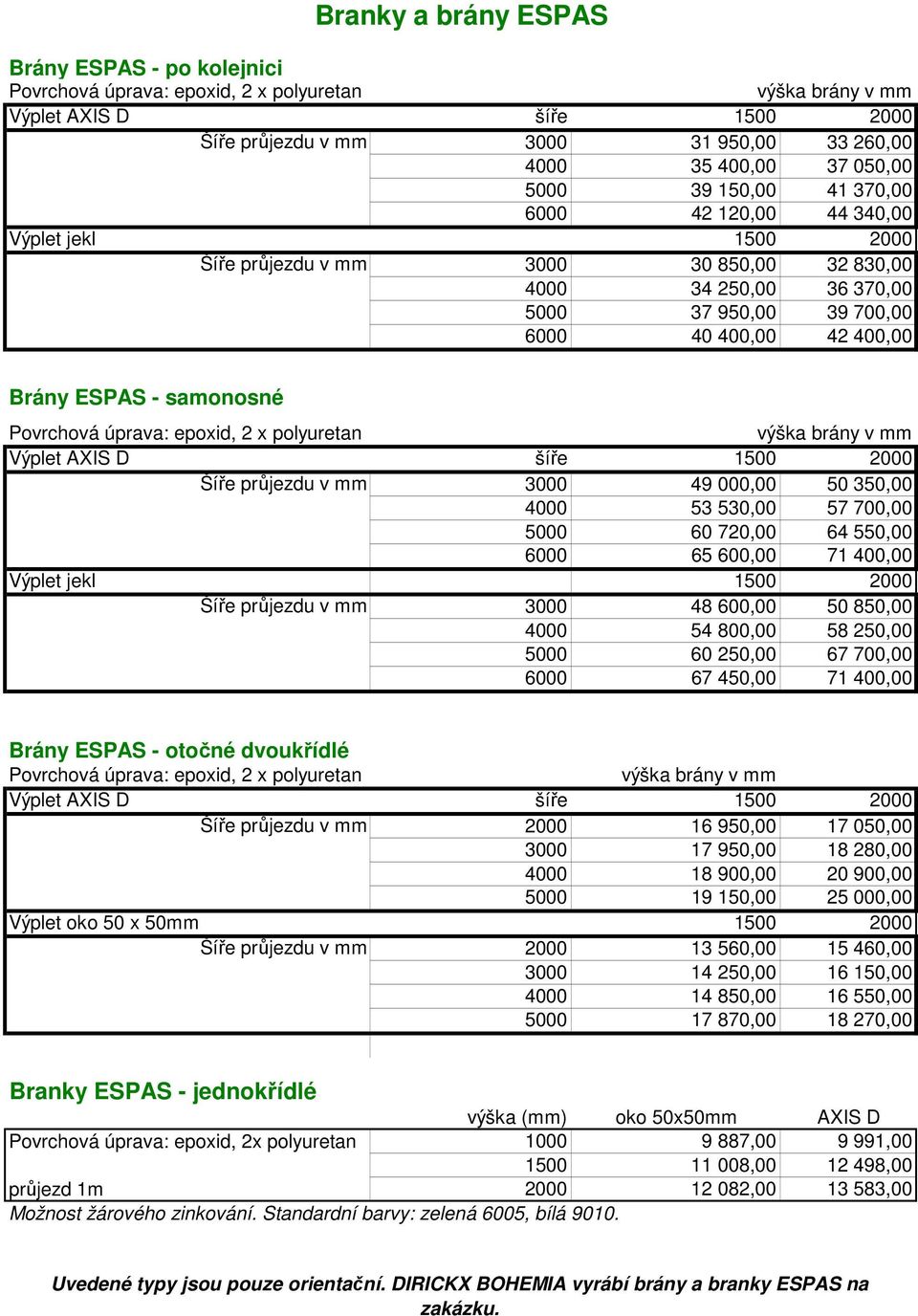 Brány ESPAS - samonosné Povrchová úprava: epoxid, 2 x polyuretan výška brány v mm Výplet AXIS D šíře 1500 2000 Šíře průjezdu v mm 3000 49 000,00 50 350,00 4000 53 530,00 57 700,00 5000 60 720,00 64