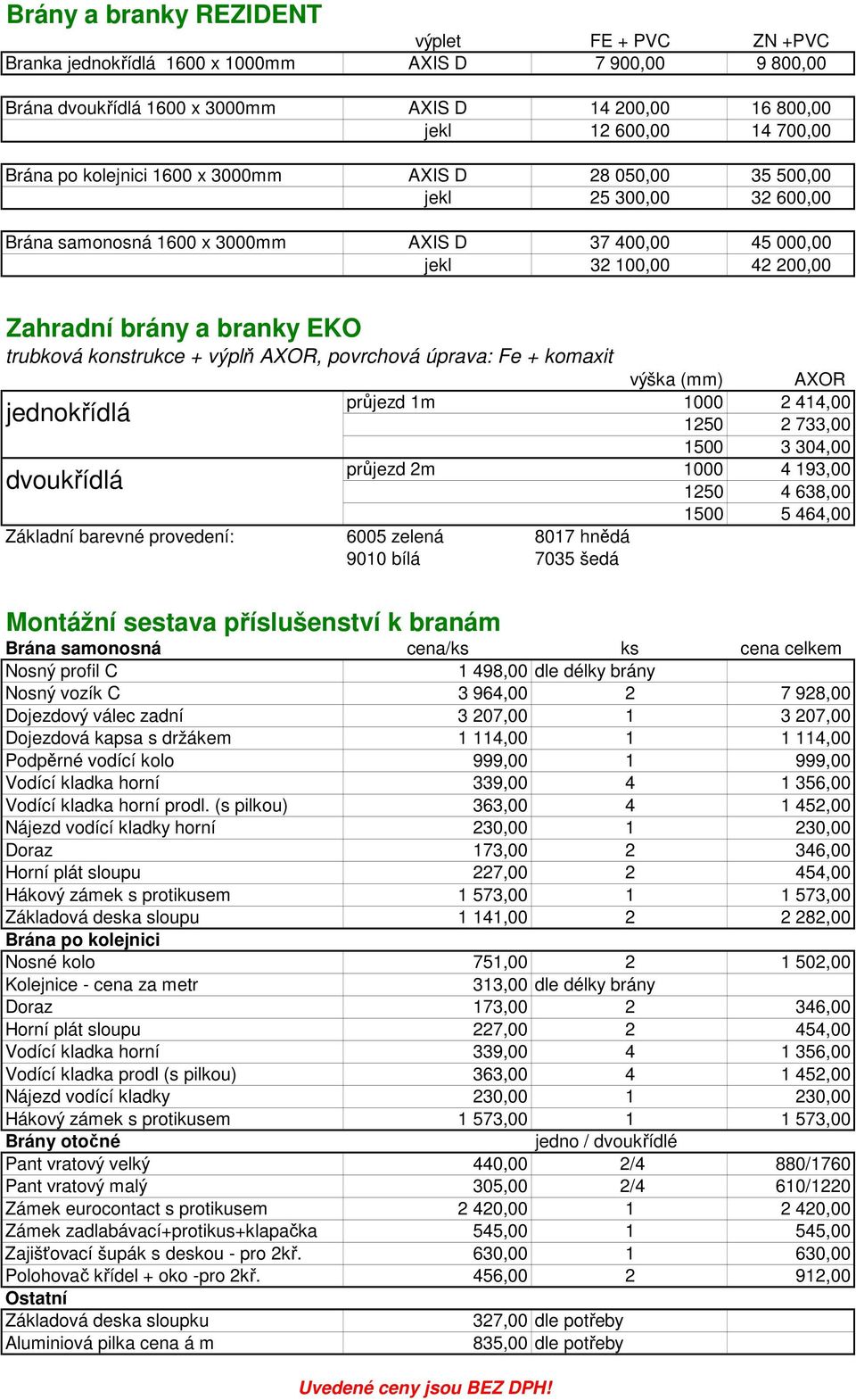 konstrukce + výplň AXOR, povrchová úprava: Fe + komaxit výška (mm) AXOR průjezd 1m 1000 2 414,00 jednokřídlá 1250 2 733,00 1500 3 304,00 průjezd 2m 1000 4 193,00 dvoukřídlá 1250 4 638,00 1500 5