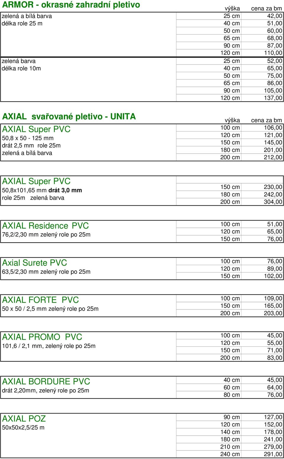 180 cm 201,00 200 cm 212,00 AXIAL Super PVC 50,8x101,65 mm drát 3,0 mm role 25m zelená barva 150 cm 230,00 180 cm 242,00 200 cm 304,00 AXIAL Residence PVC 76,2/2,30 mm zelený role po 25m 100 cm 51,00