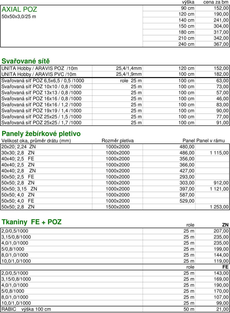 25 m 100 cm 57,00 Svařovaná síť POZ 16x16 / 0,8 /1000 25 m 100 cm 46,00 Svařovaná síť POZ 16x16 / 1,2 /1000 25 m 100 cm 83,00 Svařovaná síť POZ 19x19 / 1,4 /1000 25 m 100 cm 90,00 Svařovaná síť POZ