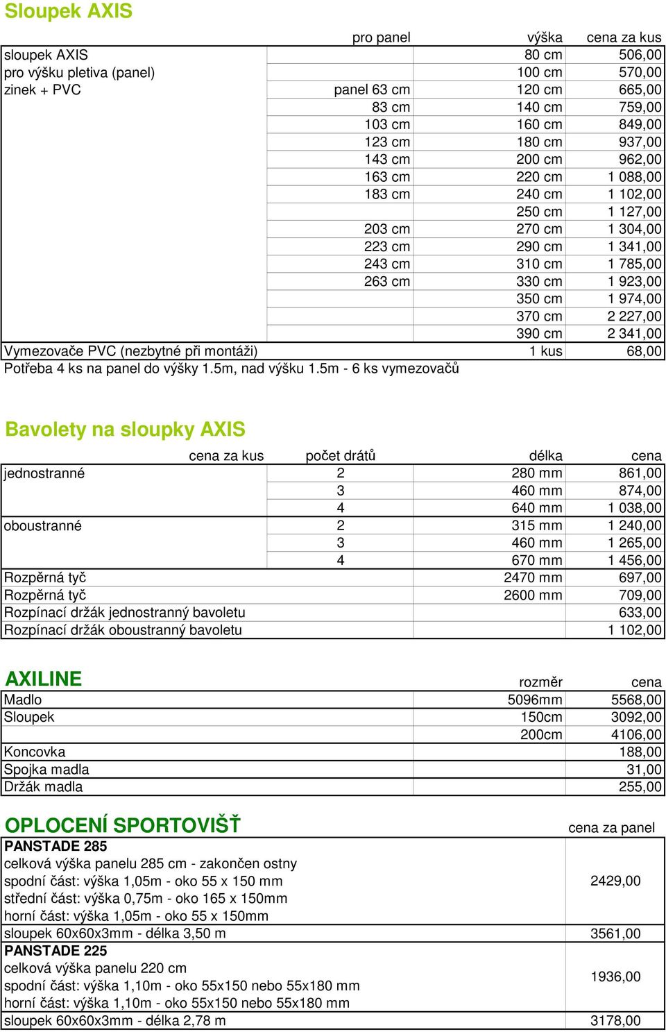 370 cm 2 227,00 390 cm 2 341,00 Vymezovače PVC (nezbytné při montáži) 1 kus 68,00 Potřeba 4 ks na panel do výšky 1.5m, nad výšku 1.