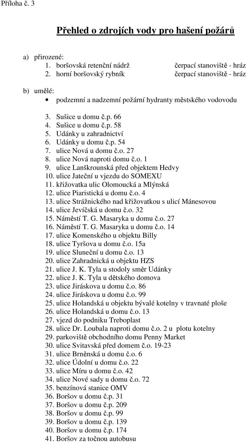 Udánky u domu č.p. 54 7. ulice Nová u domu č.o. 27 8. ulice Nová naproti domu č.o. 1 9. ulice Lanškrounská před objektem Hedvy 10. ulice Jateční u vjezdu do SOMEXU 11.