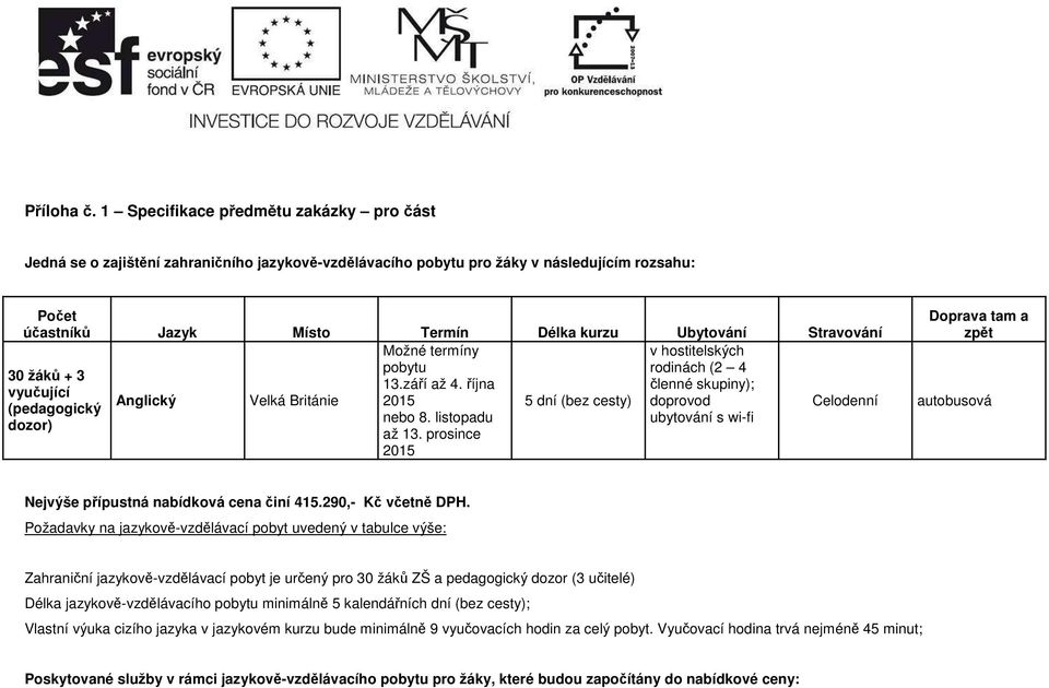 Stravování Možné termíny v hostitelských pobytu rodinách (2 4 30 žáků + 3 13.září až 4. října členné skupiny); vyučující Anglický Velká Británie 2015 5 dní (bez cesty) doprovod (pedagogický nebo 8.