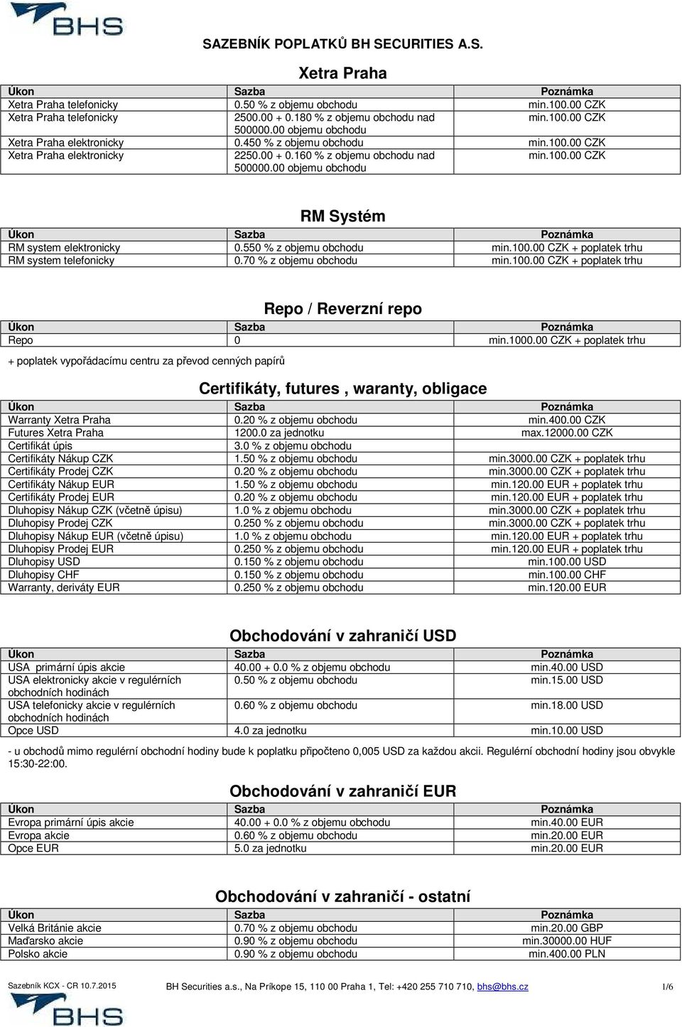 550 % z objemu obchodu min.100.00 CZK + poplatek trhu RM system telefonicky 0.70 % z objemu obchodu min.100.00 CZK + poplatek trhu Repo / Reverzní repo Repo 0 min.1000.