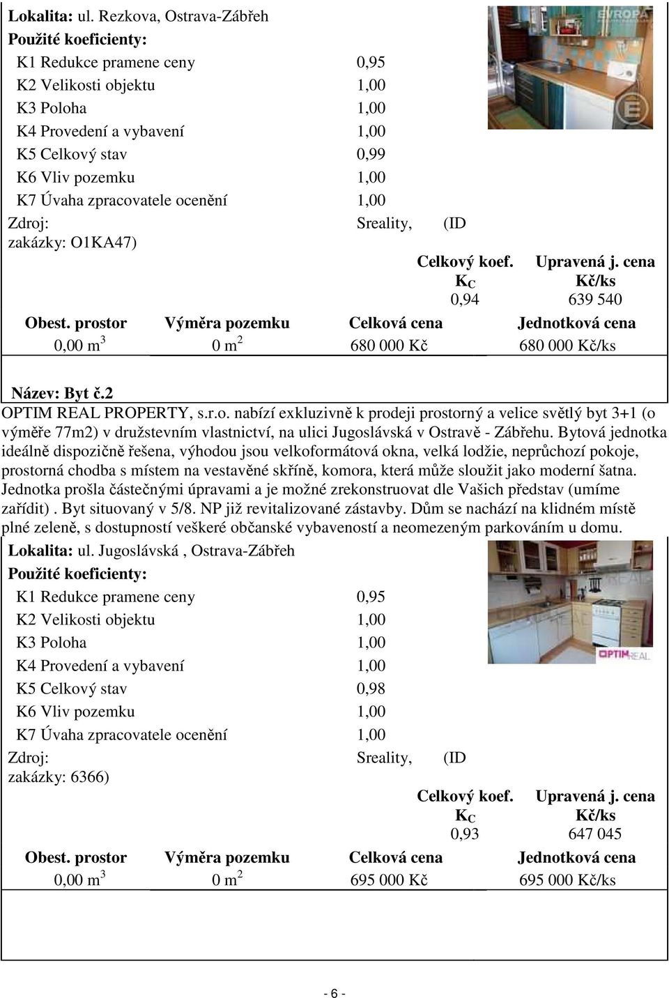 zpracovatele ocenění 1,00 Zdroj: Sreality, (ID zakázky: O1KA47) Celkový koef. K C 0,94 Upravená j. cena Kč/ks 639 540 Obest.