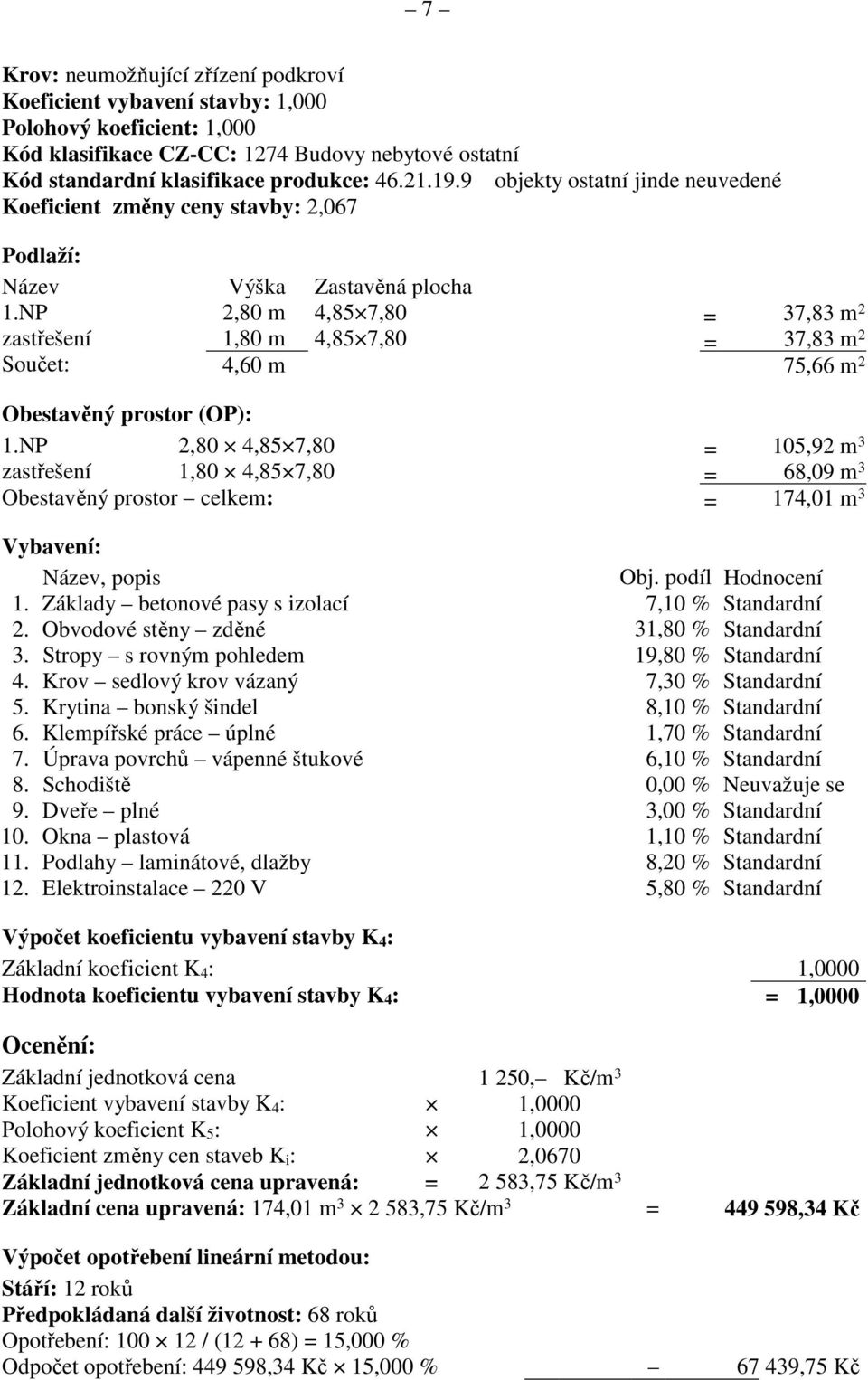 NP 2,80 m 4,85 7,80 = 37,83 m 2 zastřešení 1,80 m 4,85 7,80 = 37,83 m 2 Součet: 4,60 m 75,66 m 2 Obestavěný prostor (OP): 1.