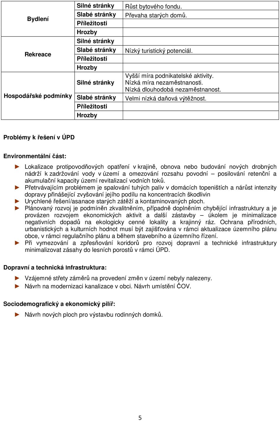 Problémy k řešení v ÚPD Environmentální část: Lokalizace protipovodňových opatření v krajině, obnova nebo budování nových drobných nádrží k zadržování vody v území a omezování rozsahu povodní