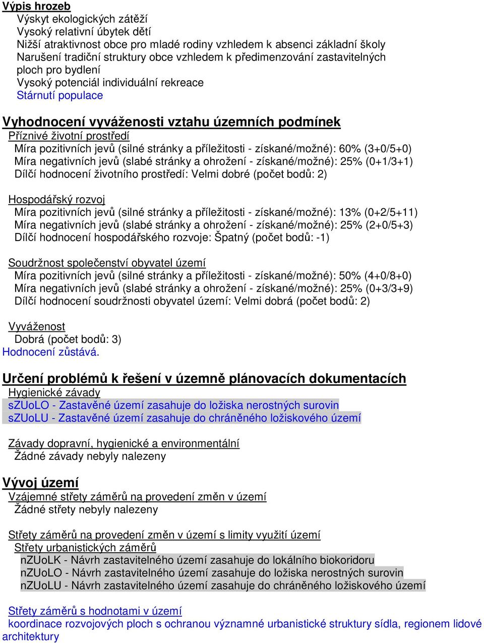 jevů (silné stránky a příležitosti - získané/možné): 60% (3+0/5+0) Míra negativních jevů (slabé stránky a ohrožení - získané/možné): 25% (0+1/3+1) Dílčí hodnocení životního prostředí: Velmi dobré