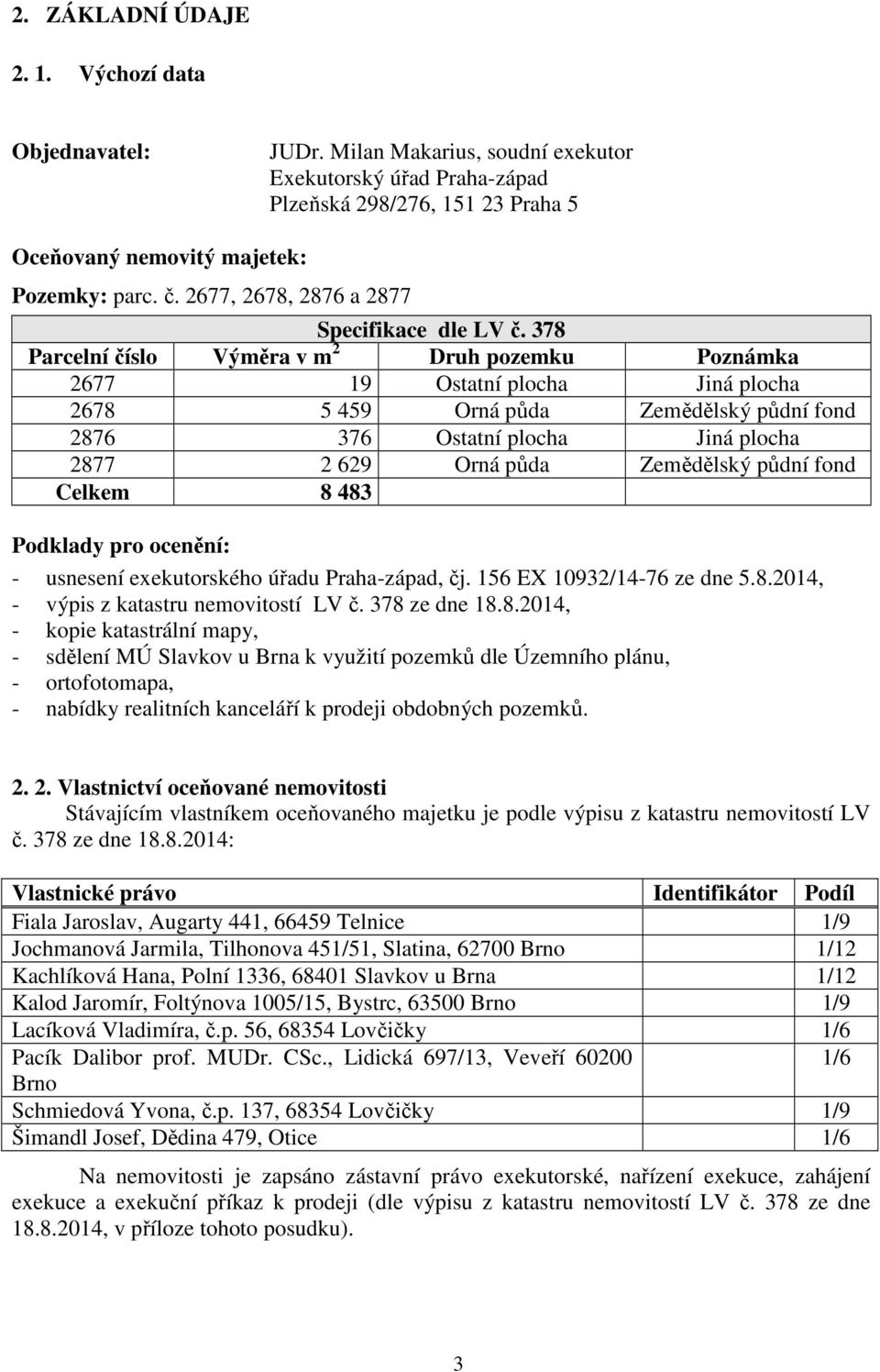 378 Parcelní číslo Výměra v m 2 Druh pozemku Poznámka 2677 19 Ostatní plocha Jiná plocha 2678 5 459 Orná půda Zemědělský půdní fond 2876 376 Ostatní plocha Jiná plocha 2877 2 629 Orná půda Zemědělský