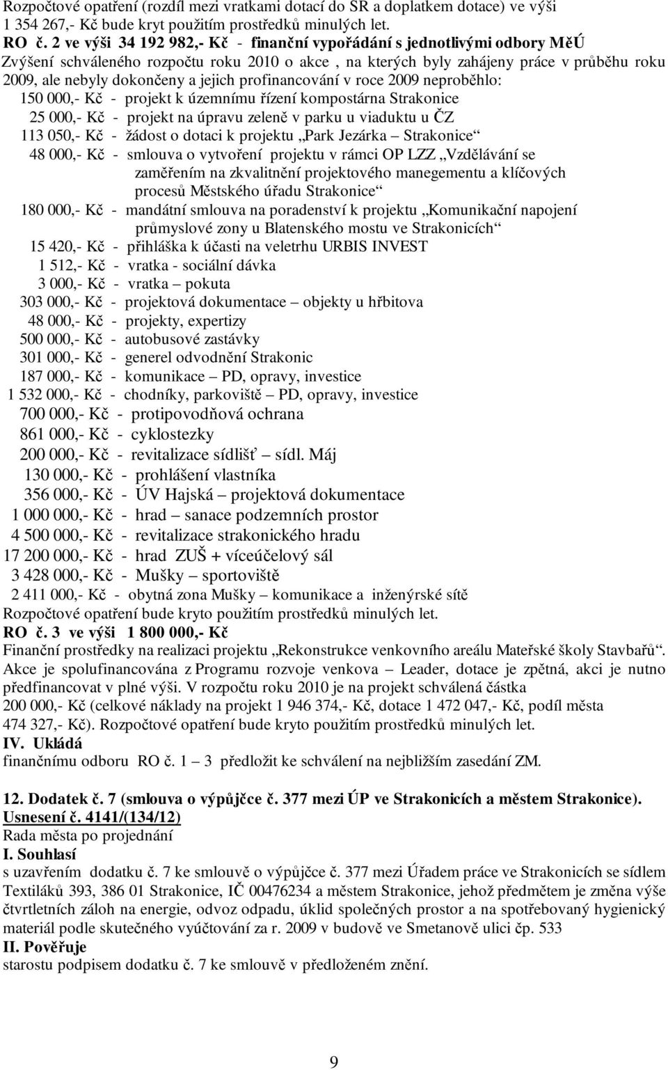 jejich profinancování v roce 2009 neproběhlo: 150 000,- Kč - projekt k územnímu řízení kompostárna Strakonice 25 000,- Kč - projekt na úpravu zeleně v parku u viaduktu u ČZ 113 050,- Kč - žádost o