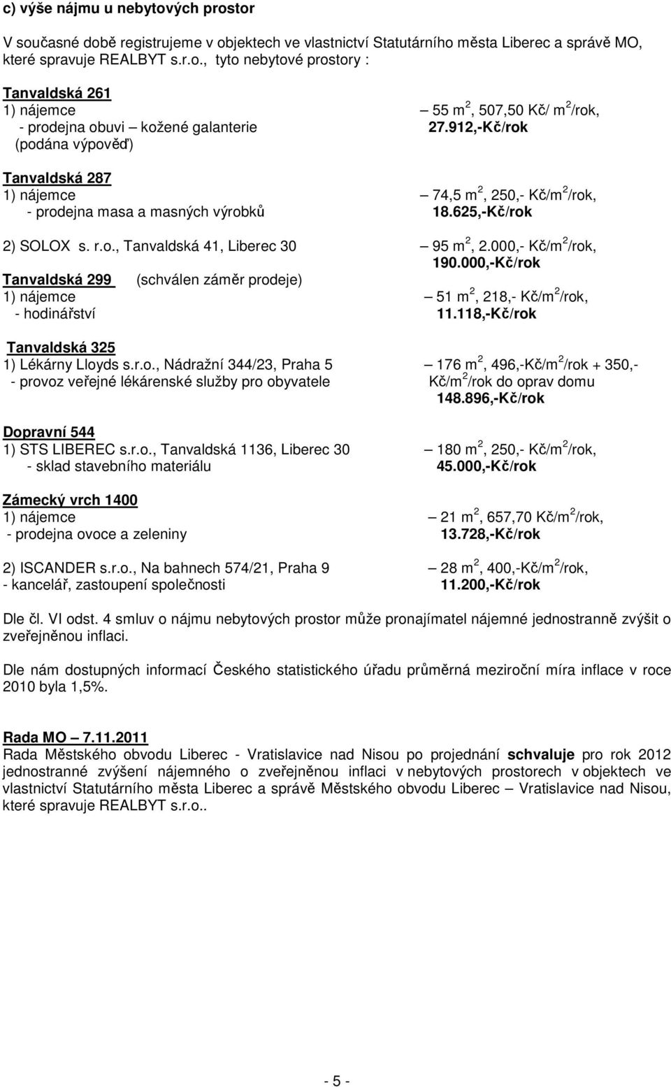 000,- Kč/m 2 /rok, 190.000,-Kč/rok Tanvaldská 299 (schválen záměr prodeje) 1) nájemce 51 m 2, 218,- Kč/m 2 /rok, - hodinářství 11.118,-Kč/rok Tanvaldská 325 1) Lékárny Lloyds s.r.o., Nádražní 344/23, Praha 5 176 m 2, 496,-Kč/m 2 /rok + 350,- - provoz veřejné lékárenské služby pro obyvatele Kč/m 2 /rok do oprav domu 148.