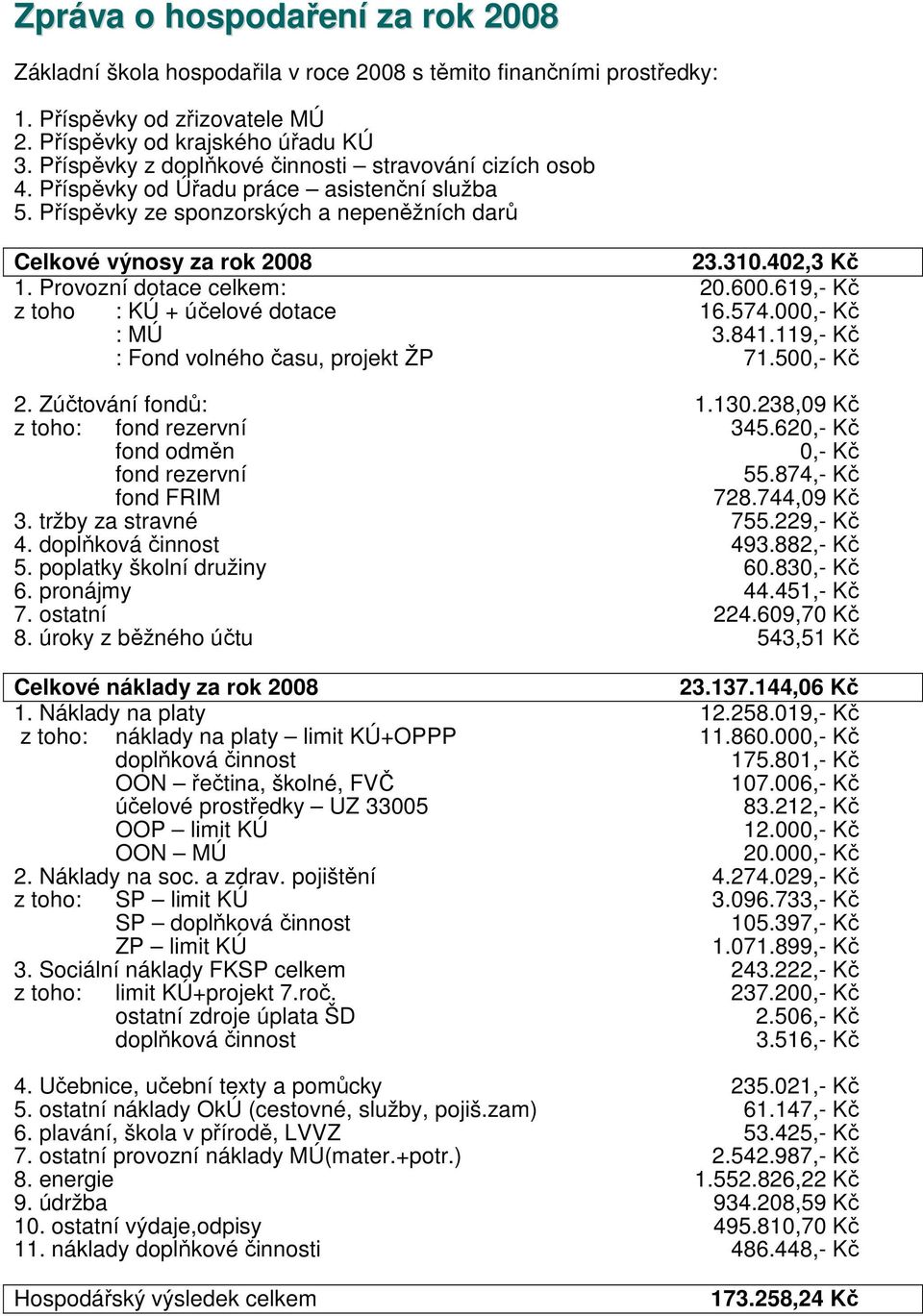 Provozní dotace celkem: 20.600.619,- Kč z toho : KÚ + účelové dotace 16.574.000,- Kč : MÚ 3.841.119,- Kč : Fond volného času, projekt ŽP 71.500,- Kč 2. Zúčtování fondů: 1.130.