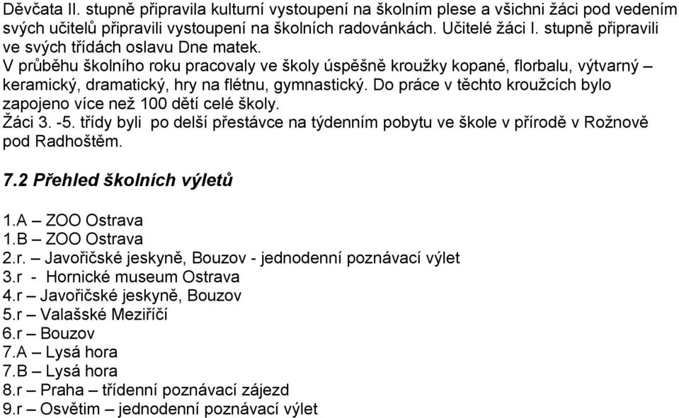 Do práce v těchto kroužcích bylo zapojeno více než 100 dětí celé školy. Žáci 3. -5. třídy byli po delší přestávce na týdenním pobytu ve škole v přírodě v Rožnově pod Radhoštěm. 7.