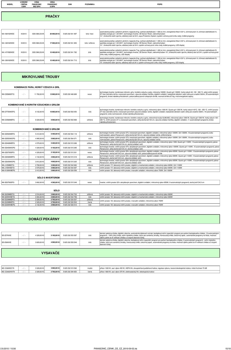 start až 24 h, aqua Protection System (systém ochrany proti úniku vody), krátké programy NA-148VA2WEE IX/2010 SDS SMLOUVA 17 995,00 Kč 5 025 232 541 850 bílá / stříbrná automatická pračka s předním