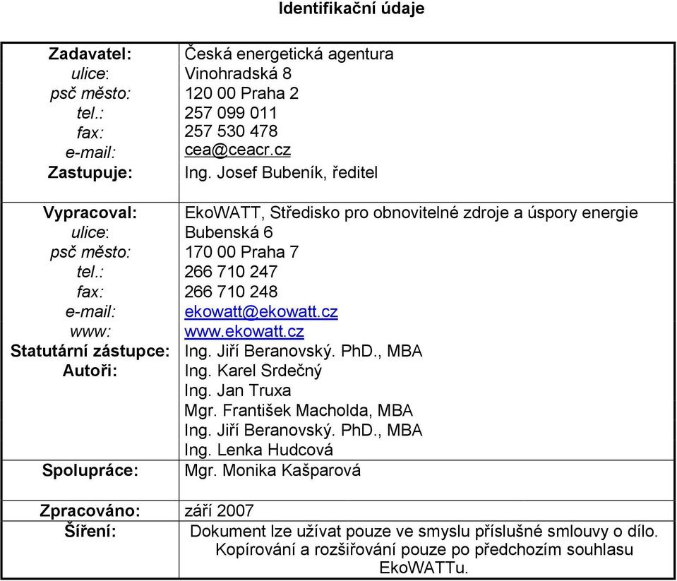 : 266 710 247 fax: 266 710 248 e-mail: ekowatt@ekowatt.cz www: www.ekowatt.cz Statutární zástupce: Ing. Jiří Beranovský. PhD., MBA Autoři: Ing. Karel Srdečný Ing. Jan Truxa Mgr.