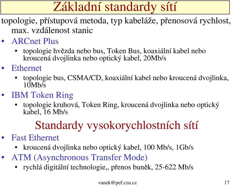 bus, CSMA/CD, koaxiální kabel nebo kroucená dvojlinka, 10Mb/s IBM Token Ring topologie kruhová, Token Ring, kroucená dvojlinka nebo optický kabel, 16