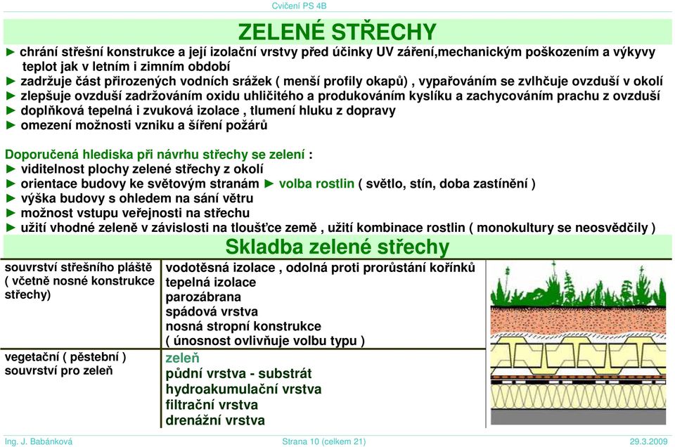 tlumení hluku z dopravy omezení možnosti vzniku a šíření požárů Doporučená hlediska při návrhu střechy se zelení : viditelnost plochy zelené střechy z okolí orientace budovy ke světovým stranám volba