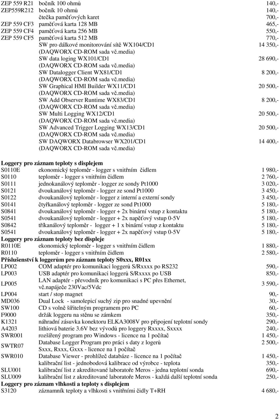 Runtime WX83/CD1 8 200,- SW Multi Logging WX12/CD1 SW Advanced Trigger Logging WX13/CD1 SW DAQWORX Databrowser WX201/CD1 14 400,- Loggery pro záznam teploty s displejem S0110E ekonomický teploměr -
