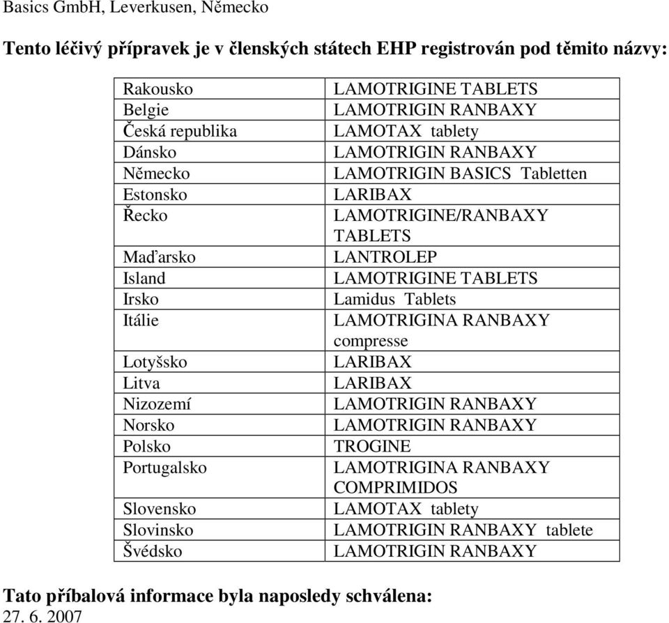 TABLETS LAMOTAX tablety LAMOTRIGIN BASICS Tabletten LARIBAX LAMOTRIGINE/RANBAXY TABLETS LANTROLEP LAMOTRIGINE TABLETS Lamidus Tablets LAMOTRIGINA